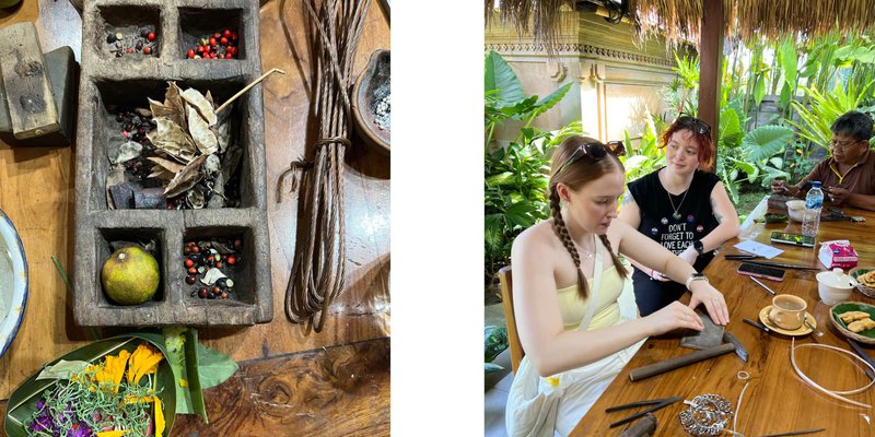 The first image shows a carved wooden box with flowers, berries and leaves, as well as a roll of silver wire. The second image shows two women and a man working at a table with tools and snacks.